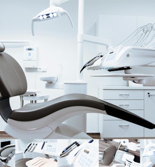 A modern dental clinic interior showcasing a dental chair and equipment in a clean, clinical setting.